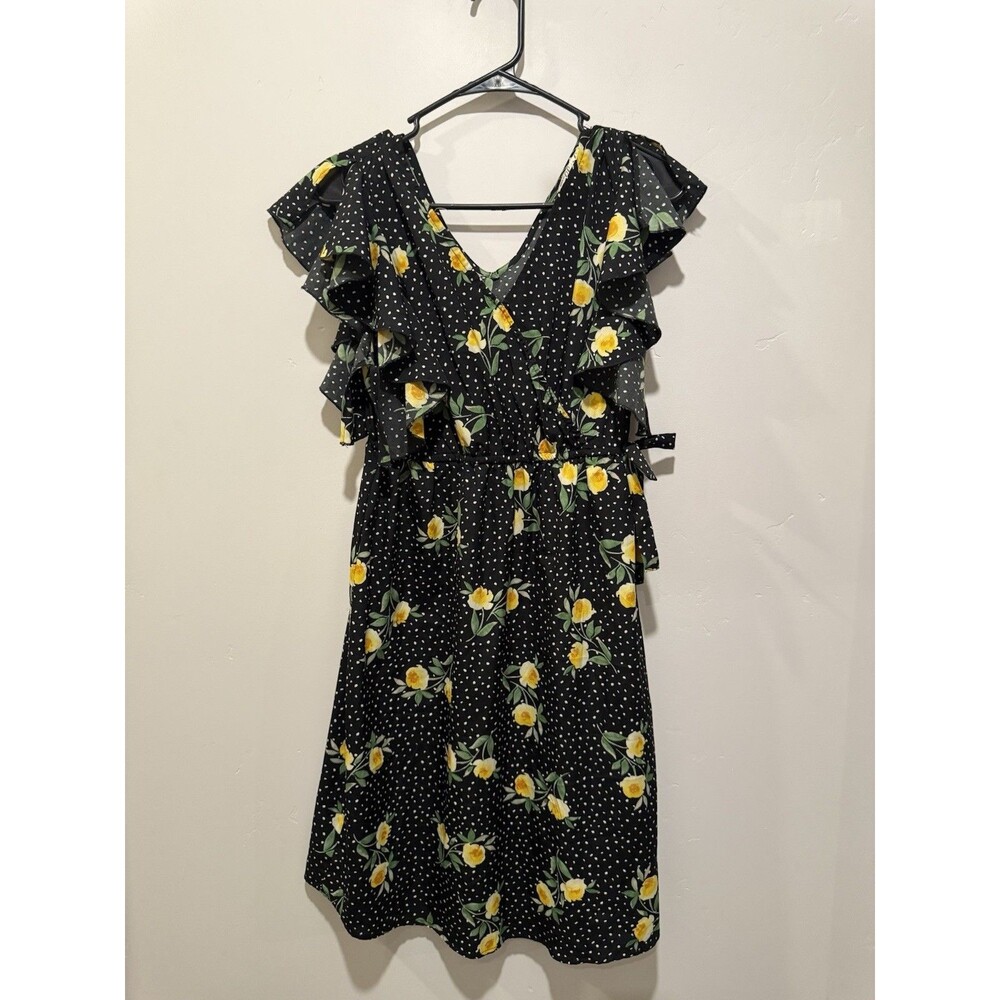 Hint of Blush Black Floral Polka Dot Dress M